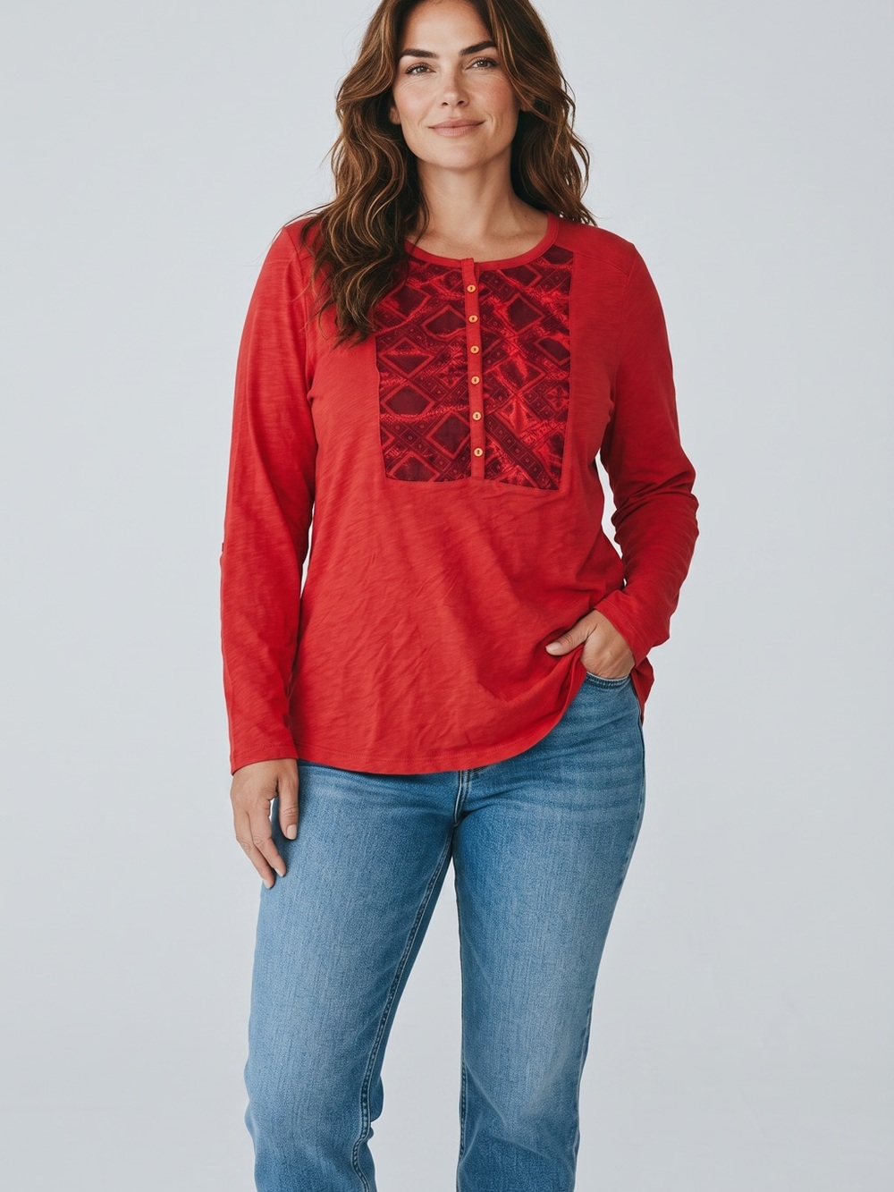 Women's berry Long-Sleeve Embroidered Front Henley Top